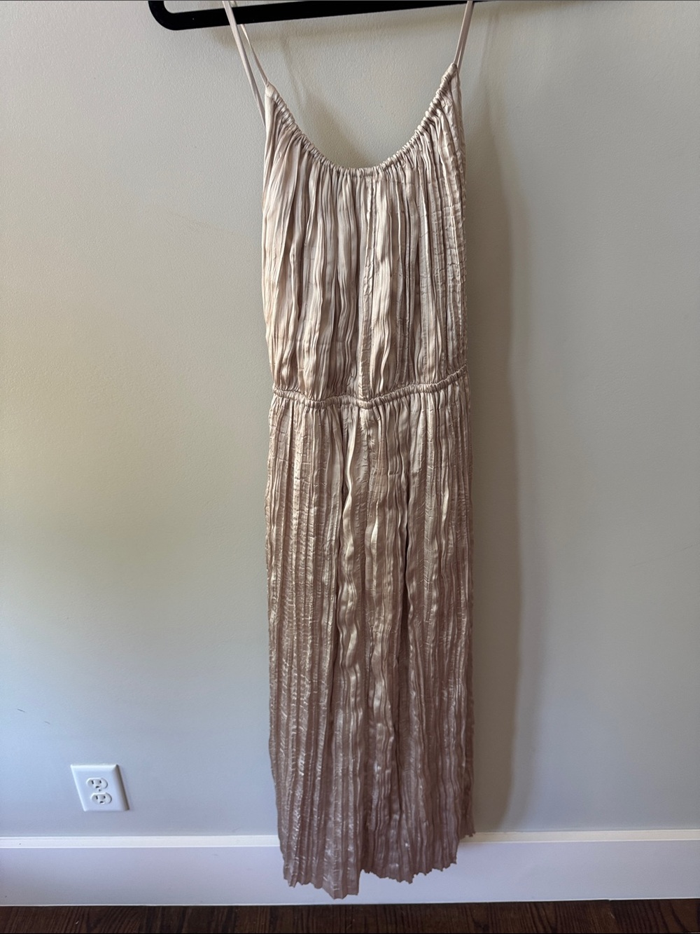 H&M Pleated Cream Satiny Midi Dress with Adjustable Spaghetti Straps